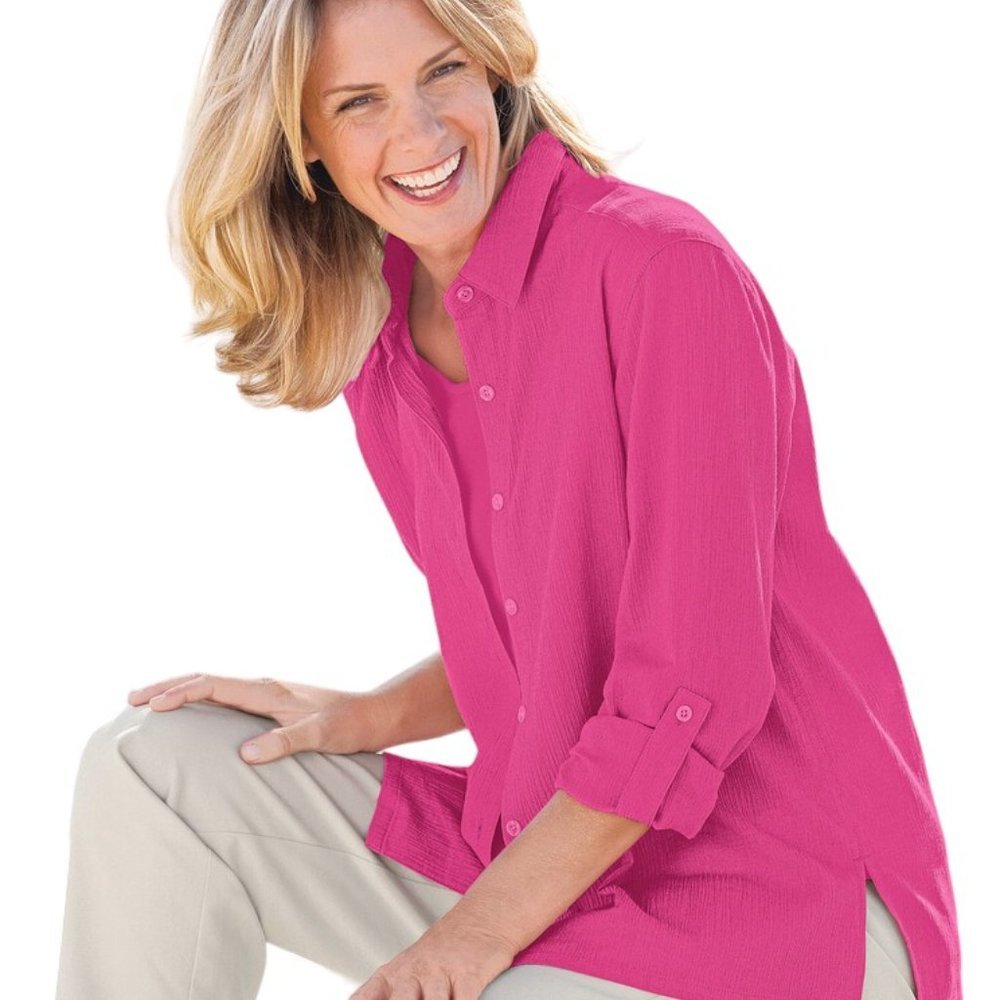 Appleseed's Solid Deep Rose Crinkle Cotton Button… - image 1